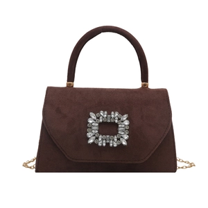 Elegante borsa a mano in pelle scamosciata marrone scuro con fibbia quadrata di cristalli
