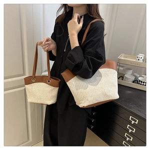 Detailed comparison of large woven tote bag and mini handbag in cream and brown