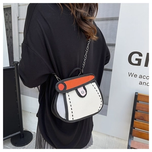 Detail of 2D cartoon style canvas crossbody bag with orange flap and black outlines