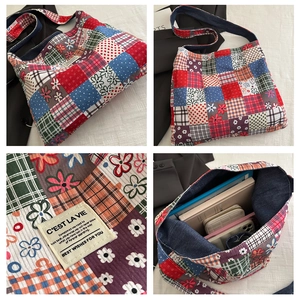 Detailed interior of a floral patchwork tote bag showing space for tablet and books