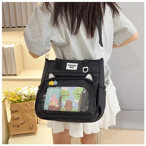 Detail of black nylon ita bag with cat ears and transparent window for accessories