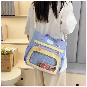 Macro shot of nylon tote with transparent window and colorful patchwork detailing