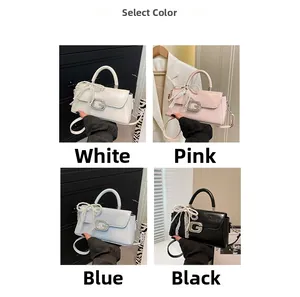 Collage of chic women's handbags with silver G-buckle and pearl lace bow charms