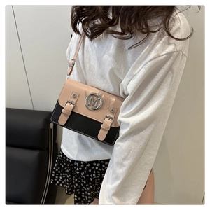 Two-tone chic crossbody satchel bag with metal M logo and buckled straps detail for daily wear.