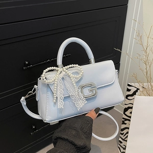 Women's Sweet PU Leather Crossbody Bag Fashion Bowknot Handbag With Pearl Lace Ribbon Rhinestone Metal G Buckle Square Purse