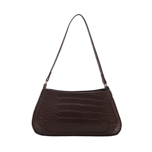 Classic dark brown crocodile embossed leather baguette hobo bag for women in a sleek design