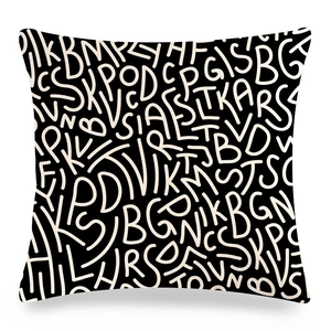Coussin carré en lin nordique avec motif artistique de lettres noires et blanches