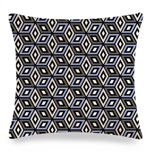 Détail de la housse de coussin géométrique 3D avec motif moderne bleu et gris en lin