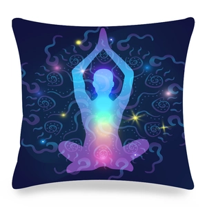 Federa per cuscino yoga mandala con sagome di chakra su pelle di pesca blu scuro