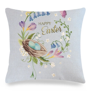 Linen Easter pillow cover with blue flowers, bird nest and Happy Easter greeting