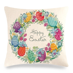 Linen Happy Easter pillow case with colorful floral wreath and eggs on white background