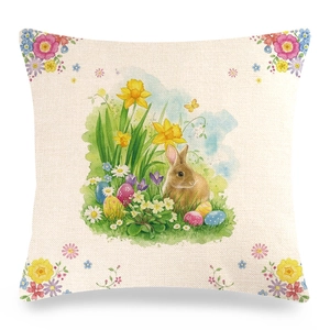Close-up of Easter linen pillowcase featuring a brown rabbit and colorful floral eggs