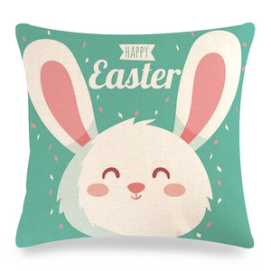 Detail showing mint green linen Easter pillowcase texture with white bunny and Happy Easter text