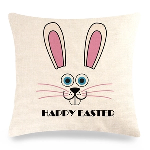 Detail showing high-quality linen texture and Happy Easter bunny print on pillowcase