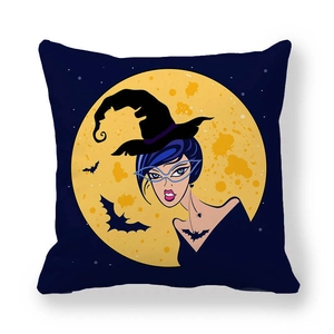 Dettaglio federa per cuscino Halloween in lino con strega elegante e luna arancio