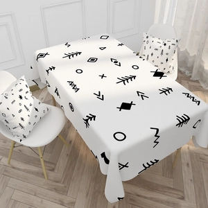 Modern white cotton linen tablecloth with black geometric tribal patterns for home decor