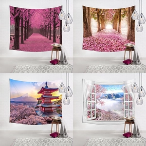 Japanese Style Wall Tapestry Polyester Peach Skin Cherry Blossom Mt Fuji Scenery Print For Living Room Bedroom Hanging Decor