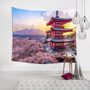 Japanese tapestry featuring Mount Fuji and cherry blossoms under a golden sunset