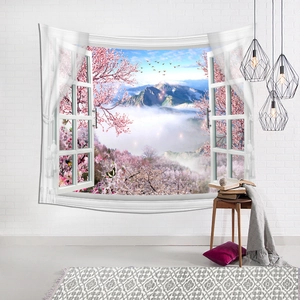 Detail of 3D window tapestry with cherry blossoms and mountain landscape on a white wall