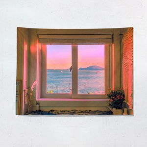 Arazzo decorativo con vista mare e finestra per camera da letto stile tramonto