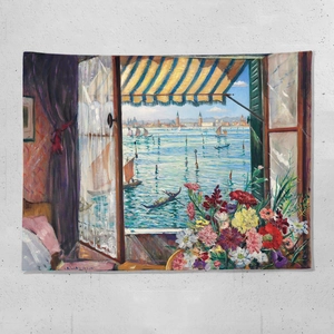 Dettaglio della trama di un arazzo impressionista con paesaggio di Venezia