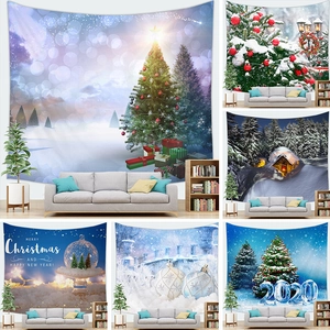 Christmas Tapestry Polyester Peach Skin Velvet Wall Hanging 3D Digital Printed Santa Claus Snow Scene Winter Home Decor