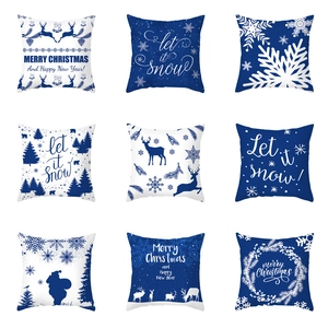 Housse de Coussin de Noël Bleu Nordique Renne Flocon de Neige Polyester Peau de Pêche Souple Canapé Taie d'Oreiller Décorative Maison
