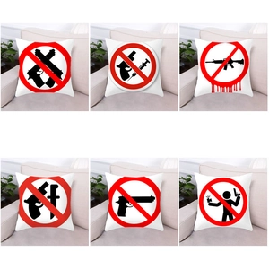Anti Gun Prohibition Sign Pillowcase Square Peach Skin Fabric Cushion Cover For Sofa Decor Anti Violence Theme