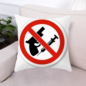 Square peach skin pillowcase with red anti-gun and anti-needle print on white sofa