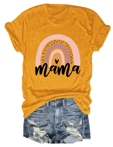Flachbild des ingwergelben Baumwoll-T-Shirts mit Regenbogen-Print und Mama-Schriftzug