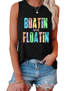 Détail de l'imprimé Boatin and Floatin sur débardeur noir sans manches avec effet usé