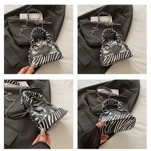 Detail view of transparent shell bag featuring zebra print trim and silver chain strap