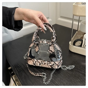 Detailansicht der Mini-Transparent-Handtasche mit braunem Schlangenmuster und Kette