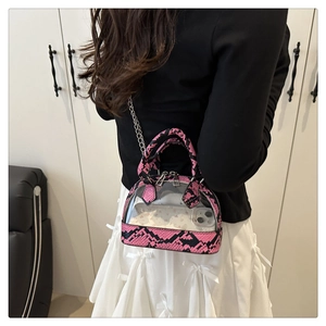 Detailed view of mini pink snakeskin and clear PVC handbag with a silver chain strap