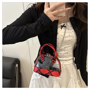 Mirror selfie showing the snakeskin print shell bag with transparent PVC and chain strap