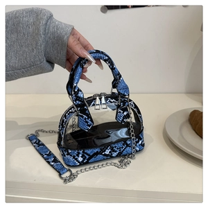 Detail of transparent PVC shell bag with blue snakeskin handles and silver metal chain strap