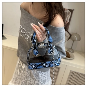 Detail of mini shell bag showing transparent PVC texture and snake pattern leather accents