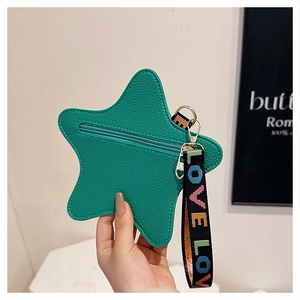 Green star-shaped leather coin purse with a heart zipper and colorful Love lanyard