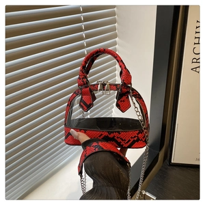 Detail der roten Schlangenhaut-Textur und des transparenten PVC der Muschel-Tasche