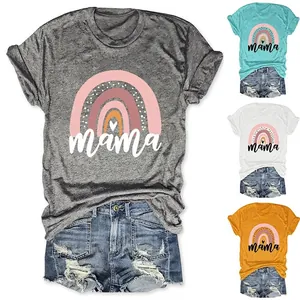 Damen Baumwolle Mama Regenbogen Herz Druck Rundhals Kurzarm Lässig Top T-Shirt Für Den Täglichen Weg
