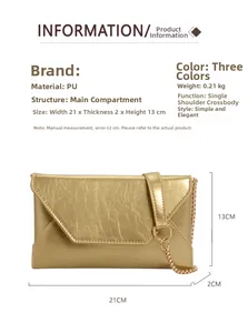 Detailed dimensions of gold PU envelope crossbody bag with size and weight specs