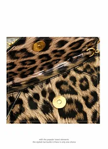 Close-up of golden magnetic snap button on leopard print glossy leather handbag