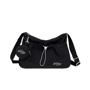 Fashionable black nylon drawstring crossbody bag with matching round coin purse