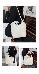 Detail of white lace tote bag featuring intricate floral crochet and elegant lace bow accents