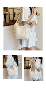 Detail of white lace crochet tote bag showing intricate floral weave and strap