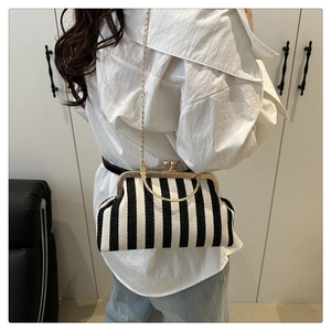 Detail of vintage black and white striped kiss-lock bag with gold chain and U-handle