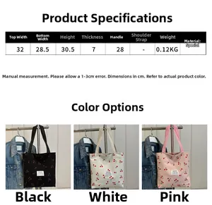 Detailed size chart for minimalist tote bag showing dimensions and cherry print material
