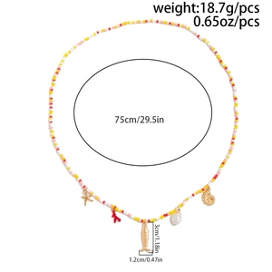 Detailed view of beaded beach waist chain with starfish pendants and 75cm measurements