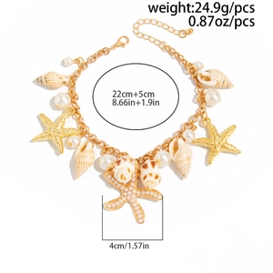 Close-up of summer body chain featuring shells and pearls with detailed measurements