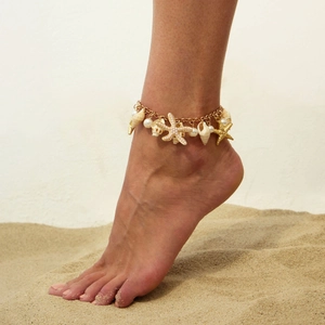Bohemian Ocean Theme Starfish Shell Conch Faux Artificial Pearl Gold Silver Tone Anklet For Women Summer Beach Vacation Jewelry
